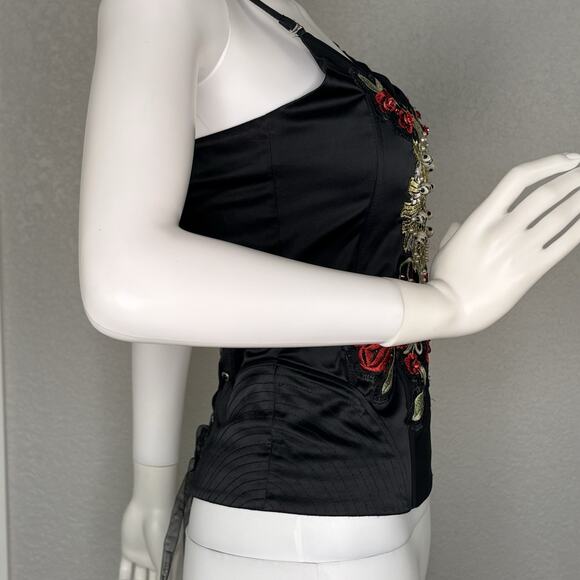 Gothic Lace Up Bustier Corset Heart Skulls 3D Roses Black Gold Red Witchy Voodoo - Picture 3 of 9